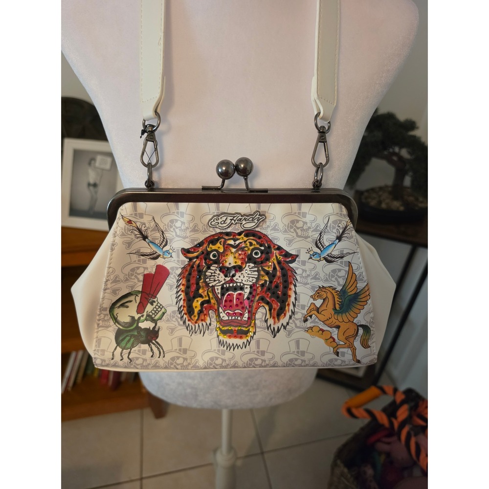Ed Hardy Tiger Tattoo Kiss Lock Shoulder Bag White Y2K Vintage Style Graphic